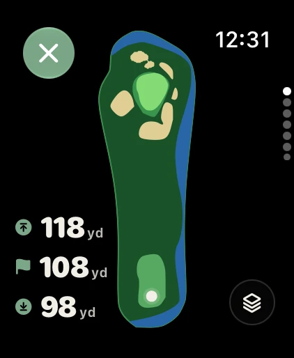 The hole map on Apple Watch, with the distance to three targets
