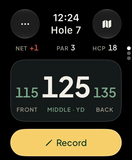 Noon on Apple Watch: hole 7, 125 yards to the middle, 115 to the front and 135 to the back