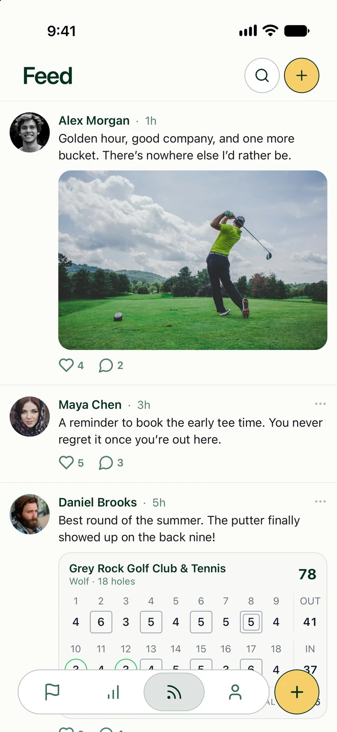 The Noon feed: friends’ rounds with photos, comments and scorecards