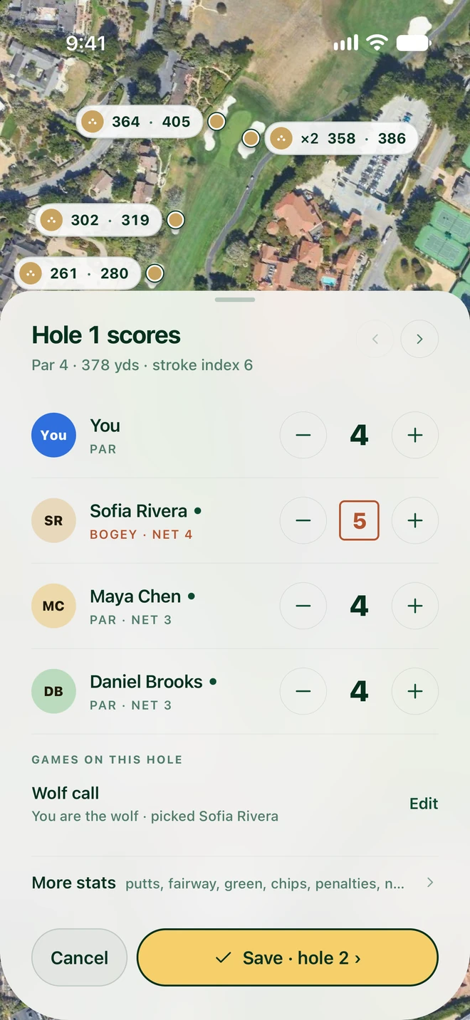 Entering hole 1 scores for four players, with each net score shown