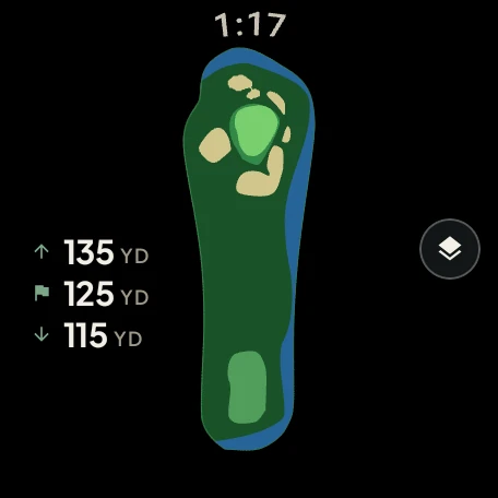 The hole map on a Wear OS watch, with distances to the back, middle and front