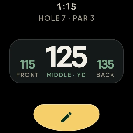 Noon on a Wear OS watch: 125 yards to the middle, 115 to the front and 135 to the back